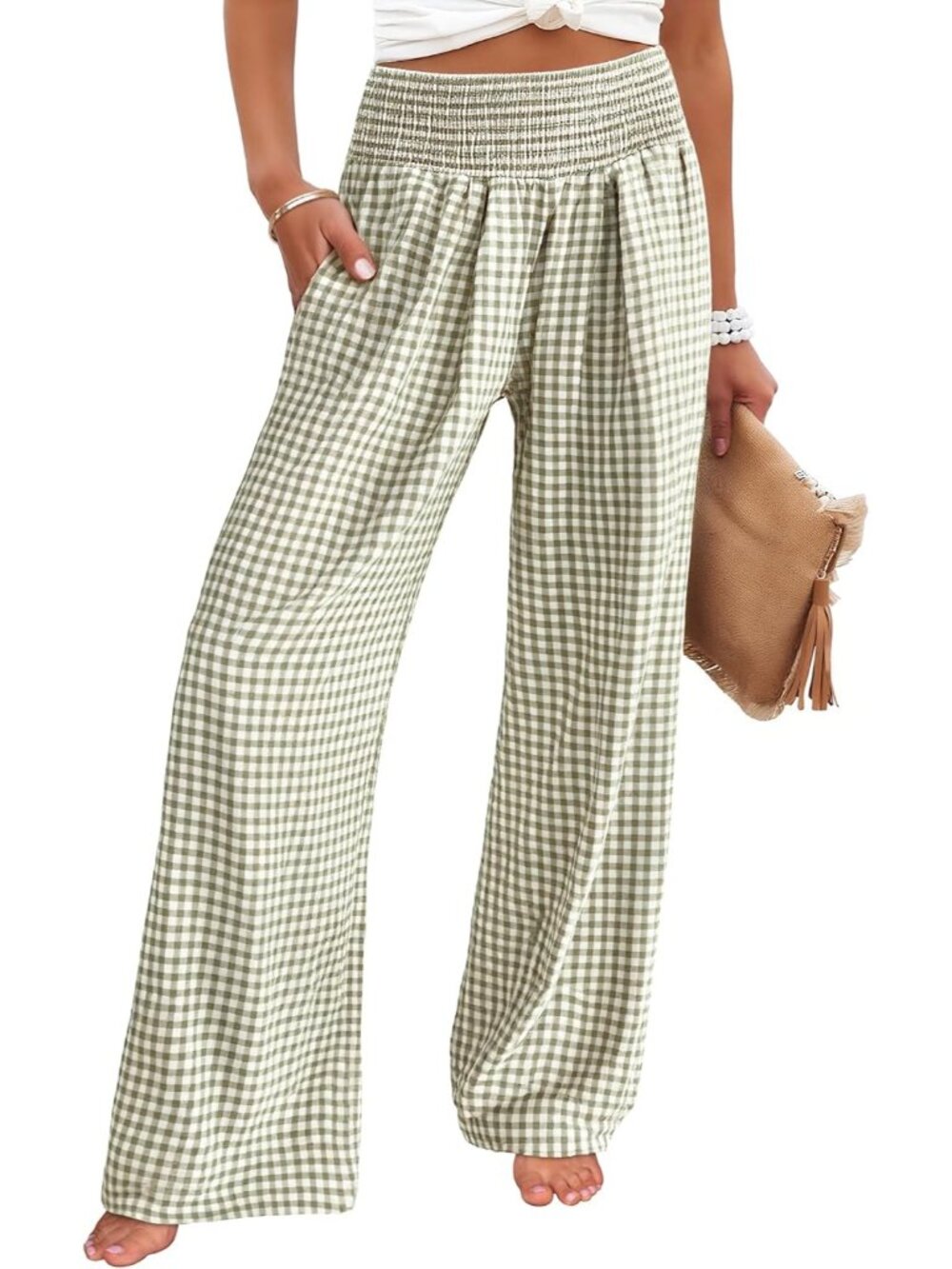 Women's Army Green Plaid Striped Casual Wide Leg High Waisted Palazzo Pants